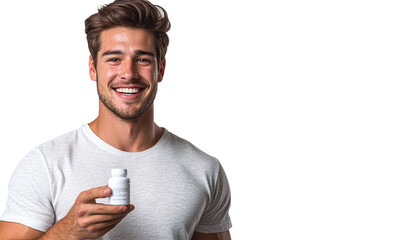 Smiling man with t-shirt holding a medicine bottle, isolated on transparent background.