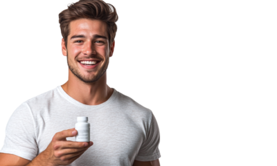 Smiling man with t-shirt holding a medicine bottle, isolated on transparent background.