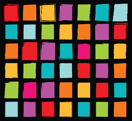 Vivid and playful hand drawn square frames and solid shapes featuring texture-rich brush marks, perfect for abstract pattern and design asset usage.