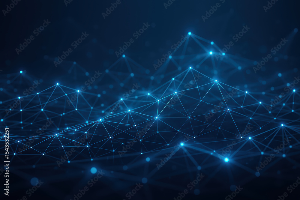 Poster A complex network interconnected nodes emits a soft blue glow illustrating digital communication and data in a dynamic business environment