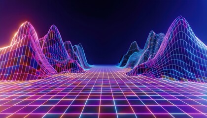  futuristic neon grid landscape with glowing wireframe mountains and vibrant retro synthwave lighting for digital art, web design, gaming, or branding asset