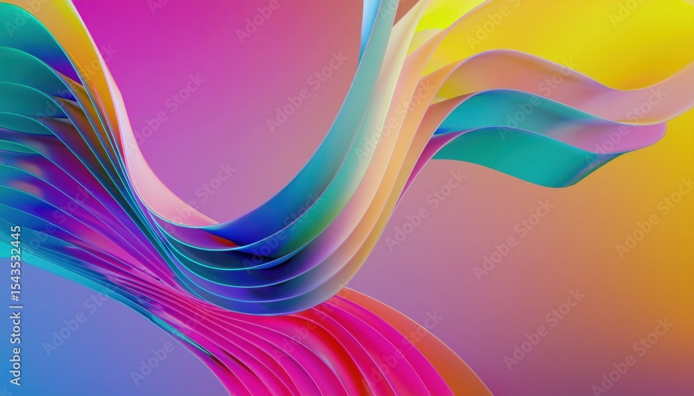 Poster fluid rainbow ribbon wave with glossy gradient folds on vibrant multicolor background for abstract p