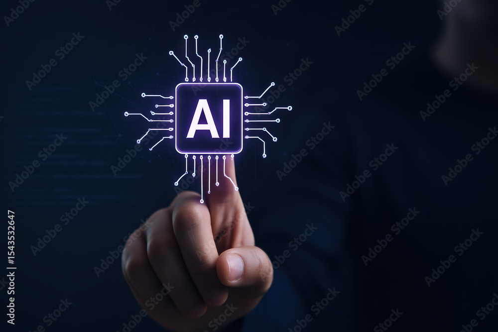 Poster innovation in artificial intelligence is highlighted as a interacts with a glowing digital interface