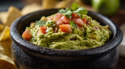 Delicious guacamole dip with fresh tomato and cilantro garnish served in a bowl