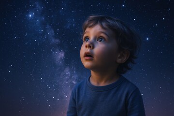 Child gazes in wonder at the night sky filled with stars and the Milky Way