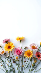 Vertical top view blank card with flowers Abstract organic flowers Blooming floral on white backgrou