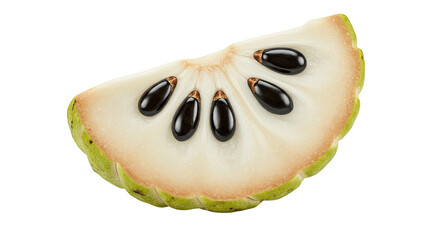 A close-up studio shot of a fresh slice of sugar apple fruit with black seeds