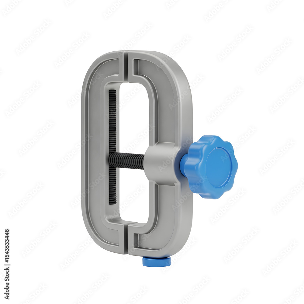 Poster close up studio shot of a metallic c-clamp with a blue adjustment knob against a transparent backgro
