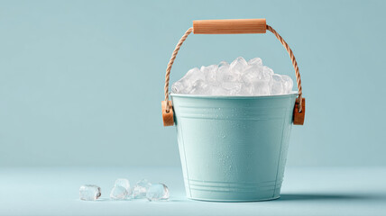 Light blue metal bucket filled with ice cubes, with condensation on its surface, set against a matching blue background.