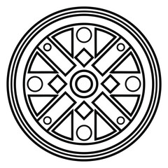 Naklejka premium Geometric Wheel Design: Detailed Line Art of a Circular Motif with Squares, Diamonds, and Circles for Decorative or Symbolic Use, Isolated on White. 