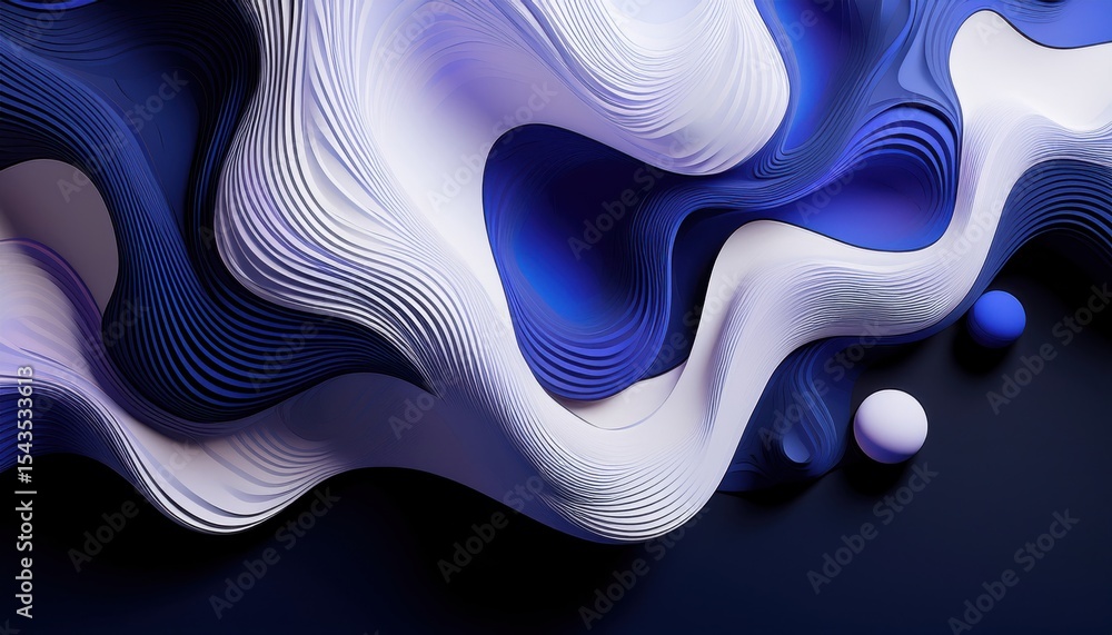 Poster futuristic abstract fluid layers with paper-cut texture in violet and white tones on dark gradient b