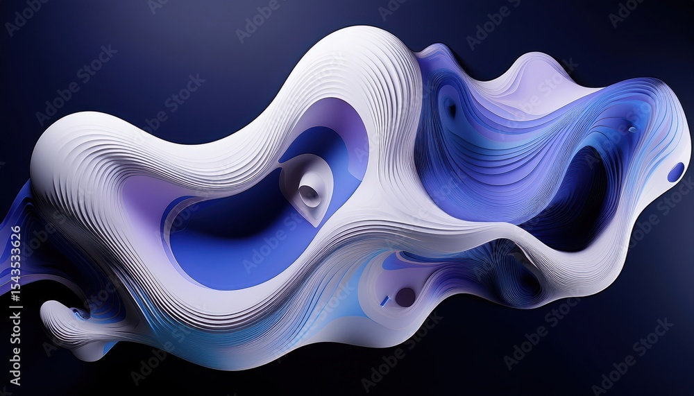 Poster futuristic abstract fluid layers with paper-cut texture in violet and white tones on dark gradient b