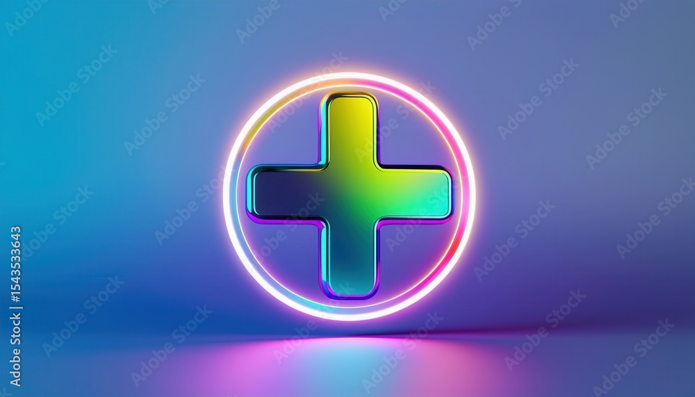 Poster glossy neon gradient 3d plus sign icon inside glowing circle on smooth blue background for app inter