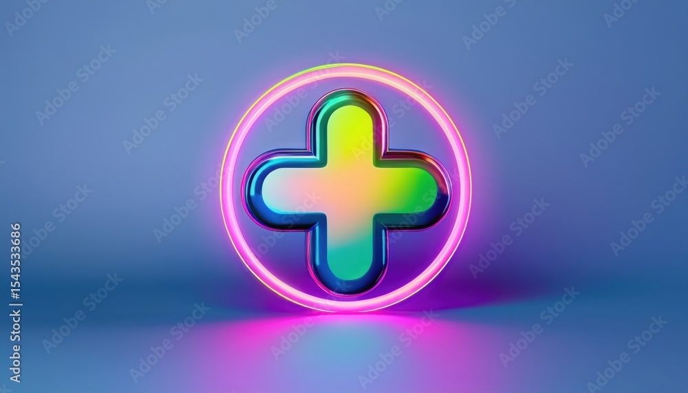 Poster glossy neon gradient 3d plus sign icon inside glowing circle on smooth blue background for app inter