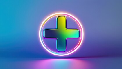  glossy neon gradient 3d plus sign icon inside glowing circle on smooth blue background for app interface, health branding, web design, and digital graphics use