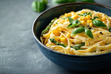Creamy corn and asparagus pasta in a bowl.