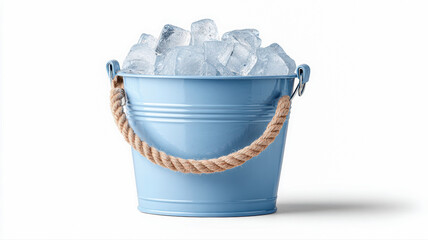 A light blue metal bucket filled with ice cubes, featuring a thick rope handle, isolated on a white background.