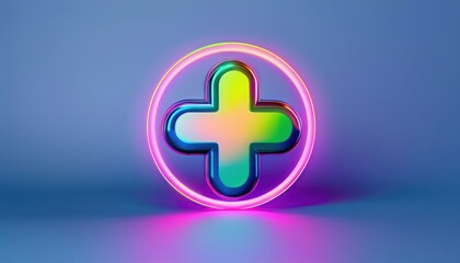 Fototapeta premium glossy neon gradient 3d plus sign icon inside glowing circle on smooth blue background for app interface, health branding, web design, and digital graphics use