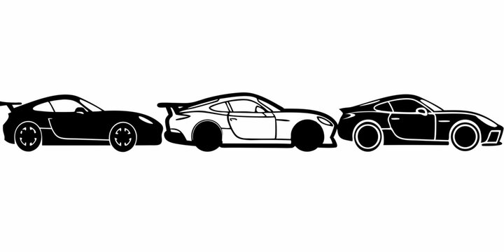 Set of Three Sports Car Silhouettes: GT Style Vehicles in Black and White