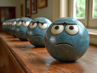 Row of sad blue emoji balls on wooden sill