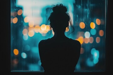 Silhouette of a woman looking out a window at night city lights