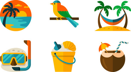 Shaded palm beach set with hammock cocktail bird sunset drink goggles and tropical fun elements  