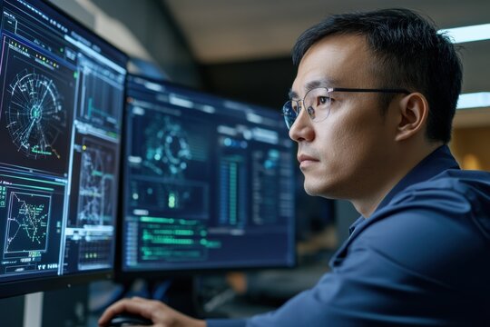 It specialist working on computer with displayed code and graphs at night