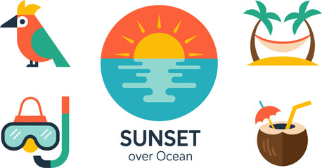 Sunset over ocean poster with diving mask tote bag and beach bird for minimalist travel themed layout  