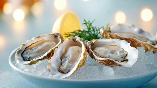 A beautifully arranged plate of fresh oysters on ice garnished with lemon and dill, highlighting the gastronomic appeal and sophistication of seafood dining.