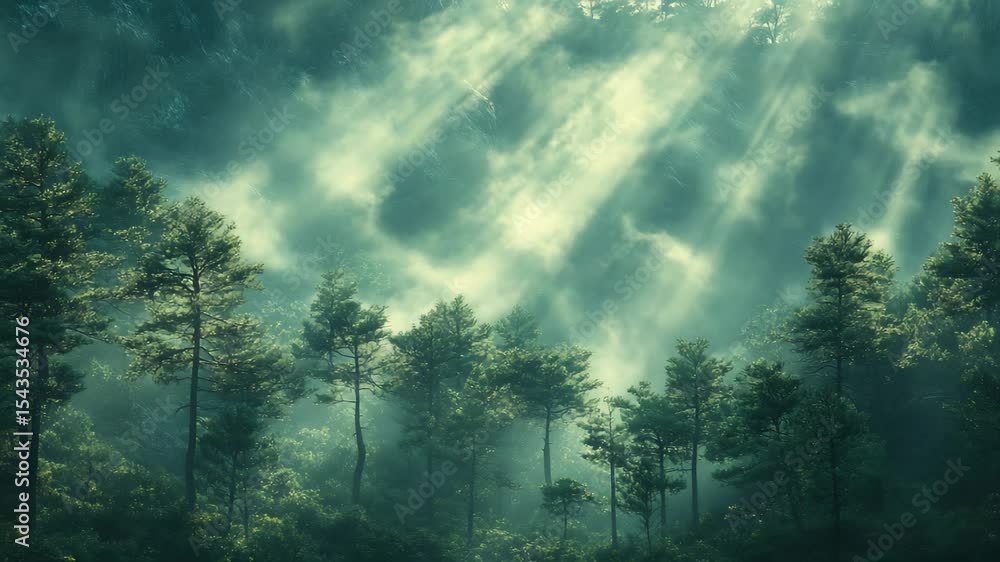 Poster sunlight breaks through a canopy of trees, illuminating the mist swirling gently through the forest.