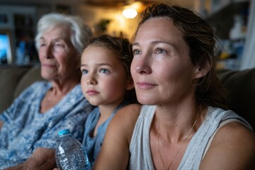 Three generations share a quiet moment watching TV together, showcasing the warmth of family bonds, the innocence of youth, and the serenity of quality time spent.