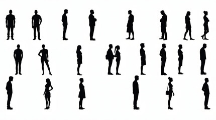 Fototapeta premium A collection of profile silhouettes of men and women in various poses, suitable for use in design projects, illustrating people, communication, and human interaction.