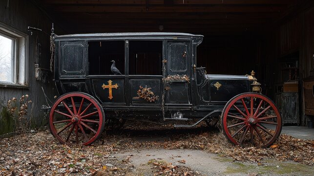 Vintage black hearse in barn, bird perched