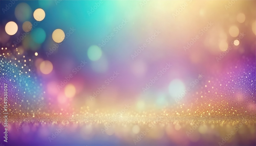 Poster ethereal bokeh background with soft pastel gradient and sparkling golden light particles for elegant