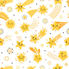  Cute Shooting Star Vector Seamless Pattern. Baby Background with Yellow Little Falling Stars. Cartoon Comets for Children's Wallpaper, Holiday or Birthday Party Design. Kawaii Characters for Kids