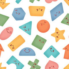 Cute Geometric Shapes Vector Seamless Colorful Pattern. Baby Background with Variety Happy Kawaii Characters. Fun Educational Design for Preschool, Back to School, Kids Learning