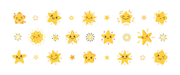 Cute Star Icons Vector Big Set. Cartoon Yellow Little Stars Collection for Holiday or Birthday Party Design. Kawaii Characters for Kids