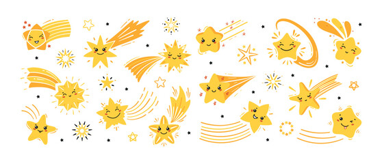 Cute Shooting Star Icons Vector Big Set. Yellow Little Falling Stars. Cartoon Comets Collection for Holiday or Birthday Party Design. Kawaii Characters for Kids