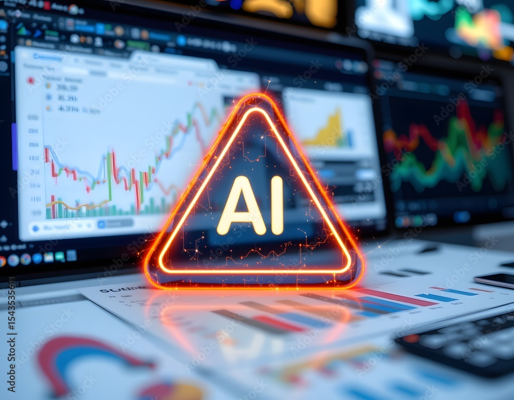 Poster ai alert: data-driven financial analysis with glowing ai warning sign, embodying the fusion of techn