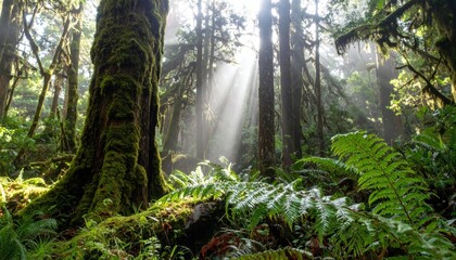 Fototapeta premium Sunlight Streams Through Lush Rainforest Trees
