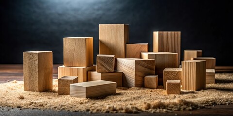 An arrangement of various sized wooden blocks resting on a bed of sawdust