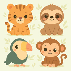 Cute Safari Animals Vector Set, Jungle Friends in Kawaii Style
