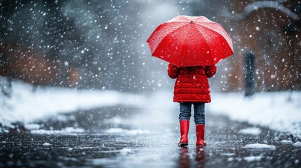 Child in snow, red umbrella
