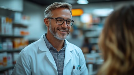 Fototapeta premium Friendly Pharmacist Helping Customer at Pharmacy Store