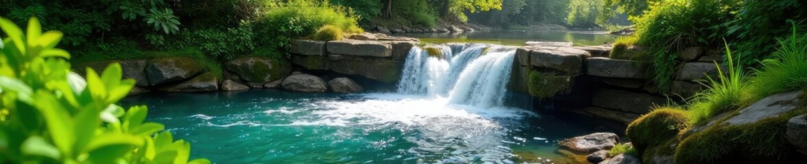 Fototapeta premium Cascading spring waterfall, vibrant green foliage, sunlight dappling the water Perfect for nature, travel, and environmental themes Stunning natural beauty in full bloom , peace, woods