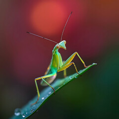 Close-up of a Green Praying Mantis on a Dewy Leaf, 4k