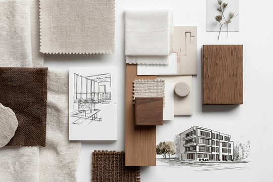 Top-view interior moodboard with textures, sketches, and design samples. A clean and modern composition ideal for architectural, furniture, or home decor stock use.