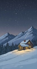 Snowy Cabin Night Scene Hand Drawn Illustration
