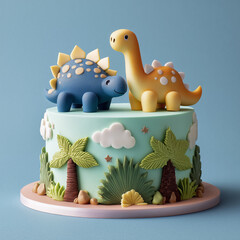 dinosaur decorated birthday cake isolated on plain blue studio background