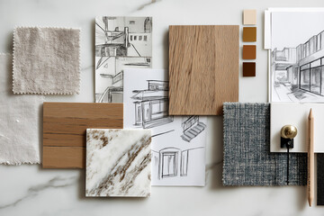 Top-view interior moodboard with textures, sketches, and design samples. A clean and modern composition ideal for architectural, furniture, or home decor stock use.